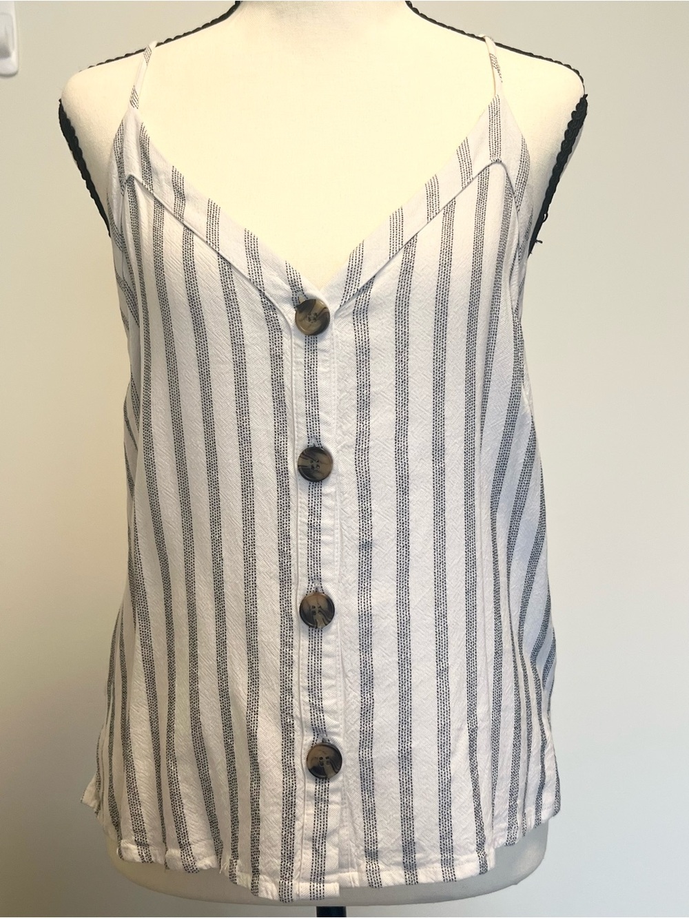 Striped‎ Button-Front Spaghetti Strap Cami - Cream & Gray